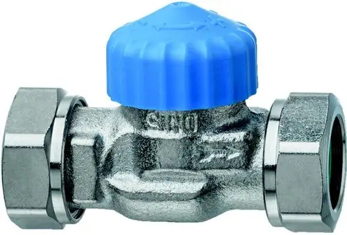 Thermostatventilunterteil aus Metall mit blauer Abdeckkappe und Nippelanschluss, hergestellt von IMI Hydronic Engineering, zur Regelung von Heizungsanlagen.
